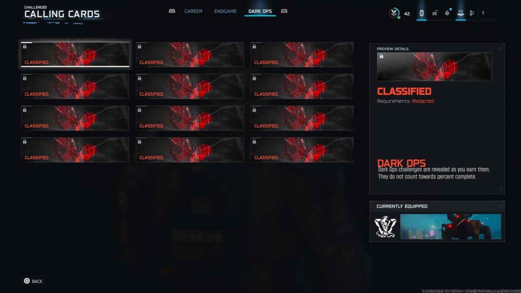 A wide list of locked Dark Ops cards fills the challenge interface in Black Ops 7