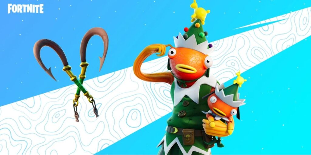Fa-La-La-La Fishstick skin posing with holiday gear in Fortnite