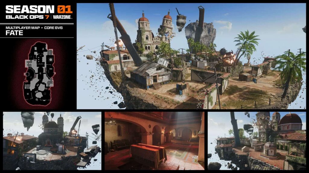 Floating island battlefield with collapsing structures on the Fate multiplayer map in Call of Duty: Black Ops 7