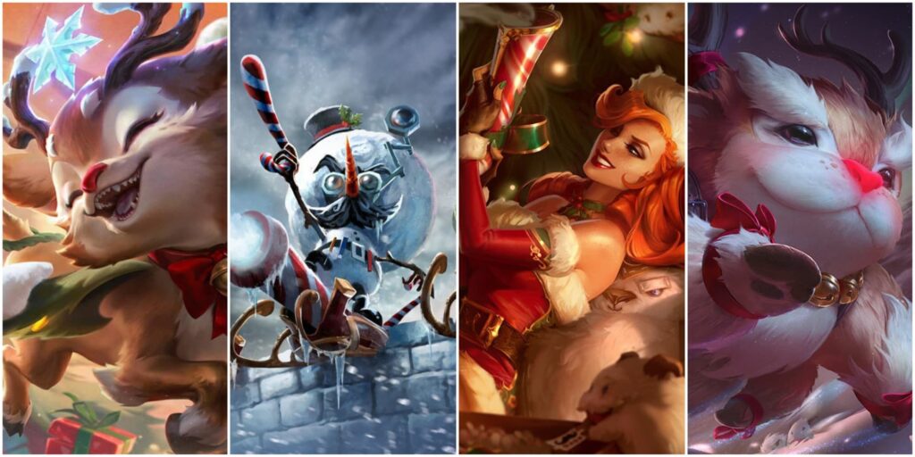 A selection of festive and winter-themed League of Legends skins featuring champions in Christmas outfits and snowy designs