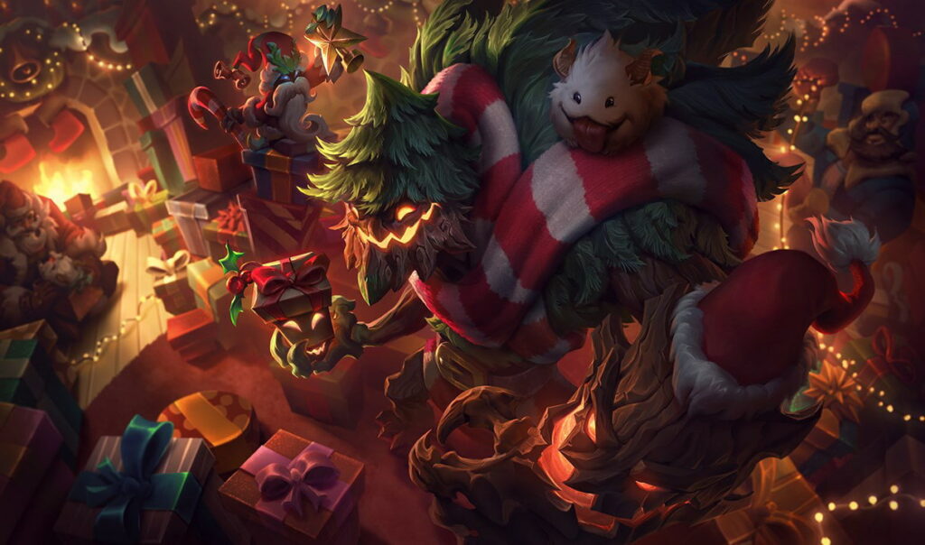 Festive Maokai in League of Legends appears as a living Christmas tree surrounded by gifts and holiday lights