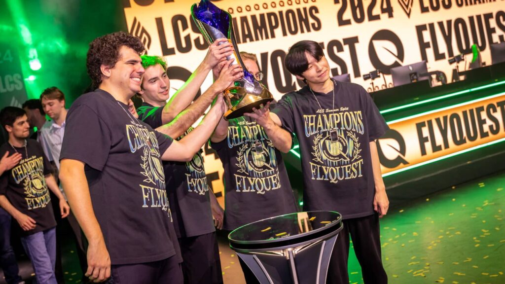 FlyQuest players celebrate with the trophy during the LCS 2026 Lock In event