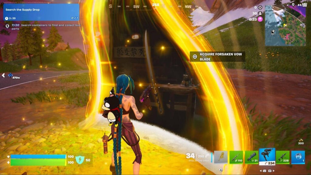 Player approaching the Forsaken Vow Blade inside a glowing portal during a Fortnite match