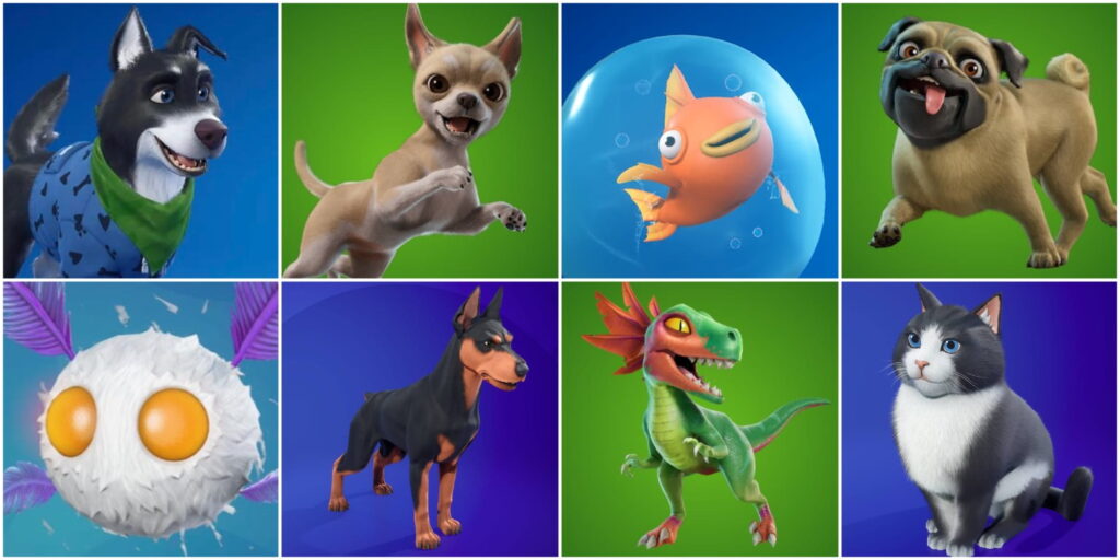 A grid of various Sidekick companions running and posing in Fortnite