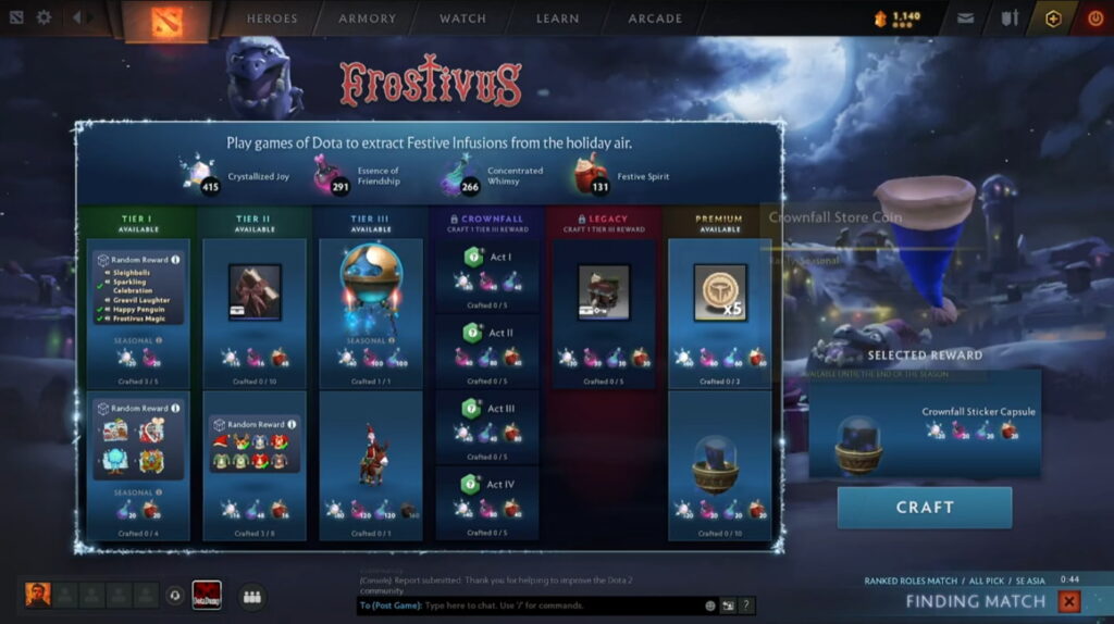 Frostivus crafting menu showing infusion tiers and rewards inside the Dota 2 client