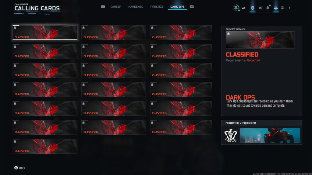 A large grid of classified Dark Ops cards fills the challenge screen in Black Ops 7