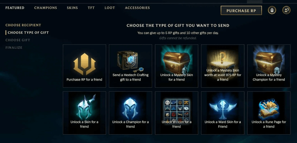 League of Legends gifting interface showing options to send RP, skins, champions, and other in-game items to friends