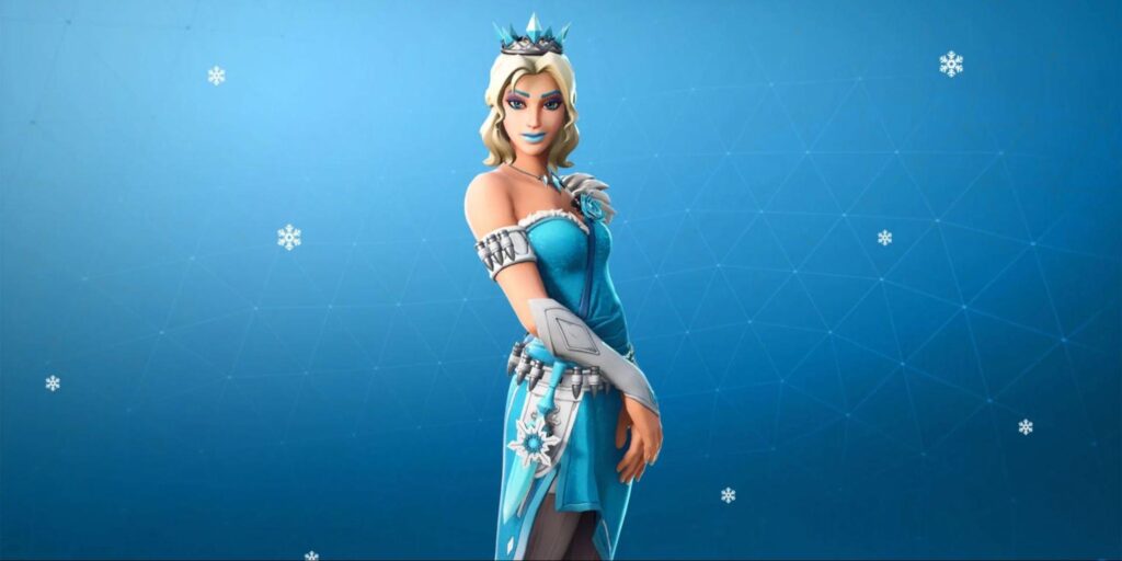 Glimmer ice queen skin standing in a winter-themed character showcase in Fortnite