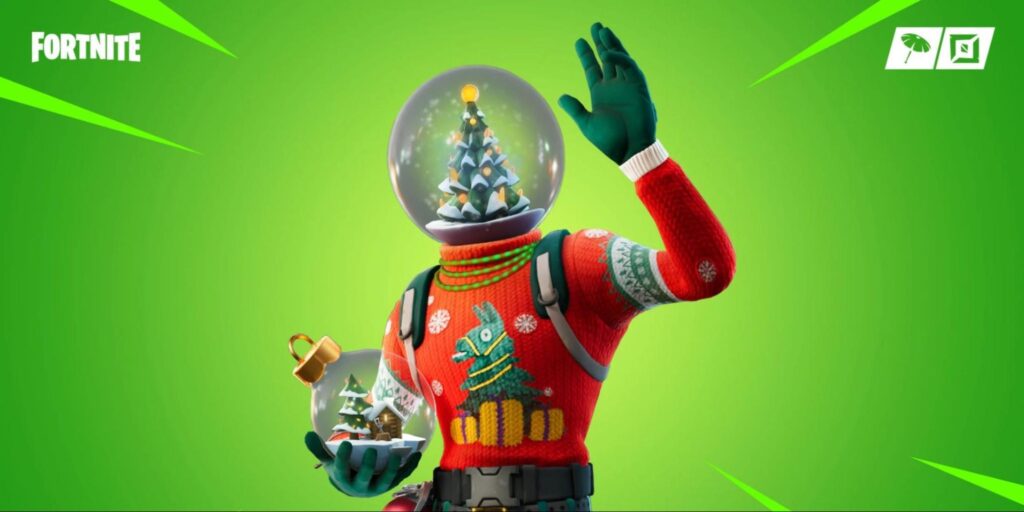 Globe Shaker skin waving with a snow globe head during a festive moment in Fortnite