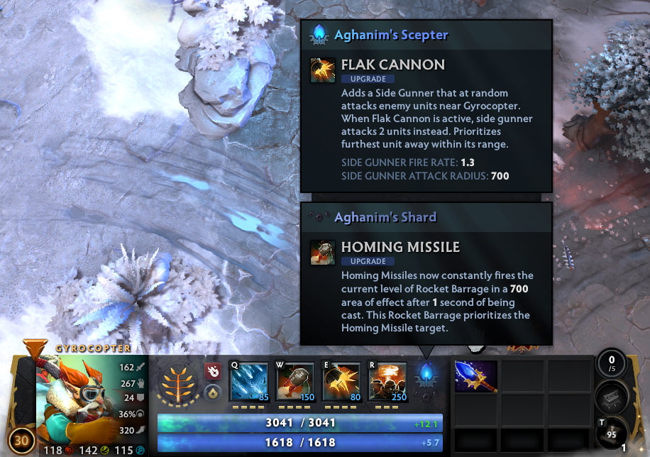 A Dota 2 screenshot showing Gyrocopter’s Aghanim’s Scepter upgrade with the Side Gunner ability description on screen