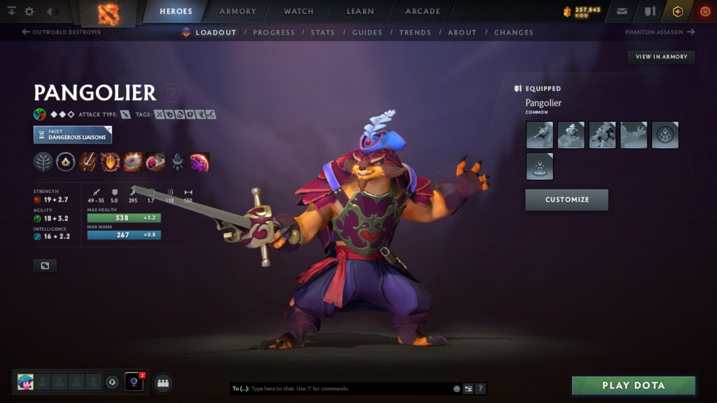Pangolier’s hero loadout and stats are displayed on the selection screen in Dota 2