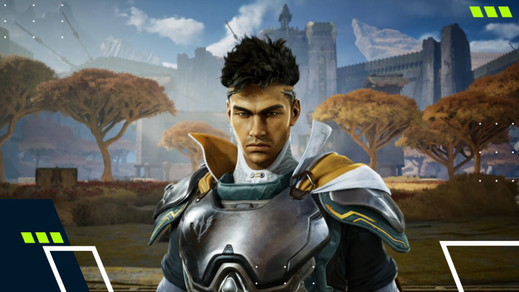 Highguard Warden character standing in armor near a fortified base