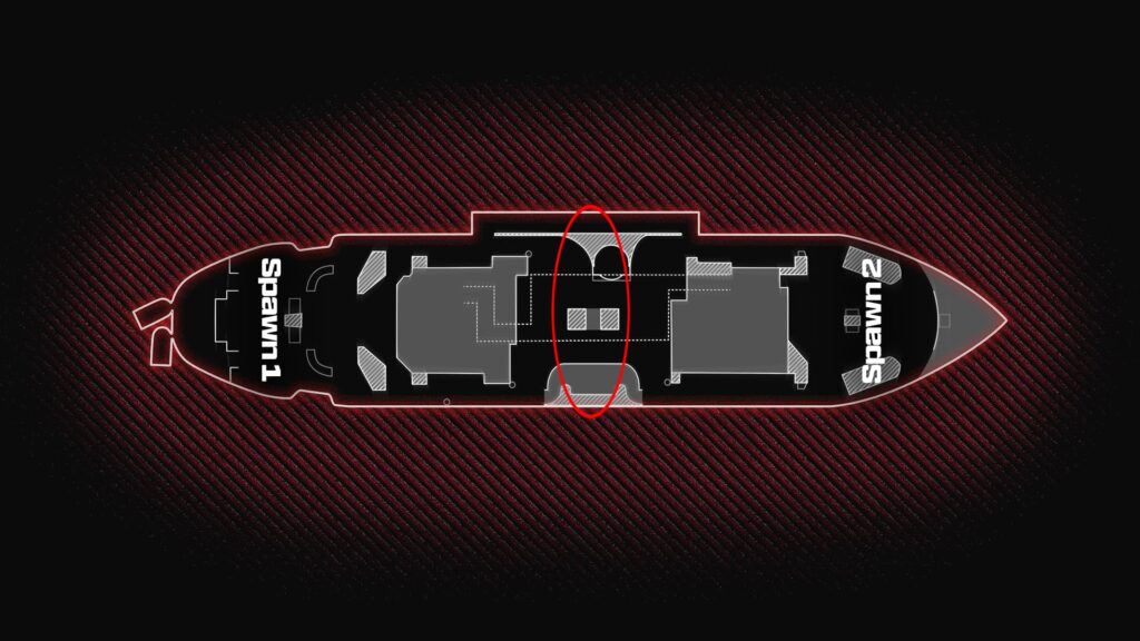 Map diagram highlighting the central device spawn zone on the Hijacked layout in Call of Duty: Black Ops 7