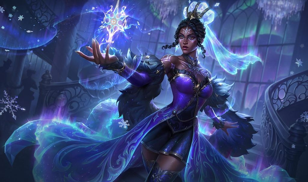 Prestige Winterblessed Mel splash art in League of Legends, displaying icy visual effects, luxury color accents, and exclusive Prestige skin aesthetics
