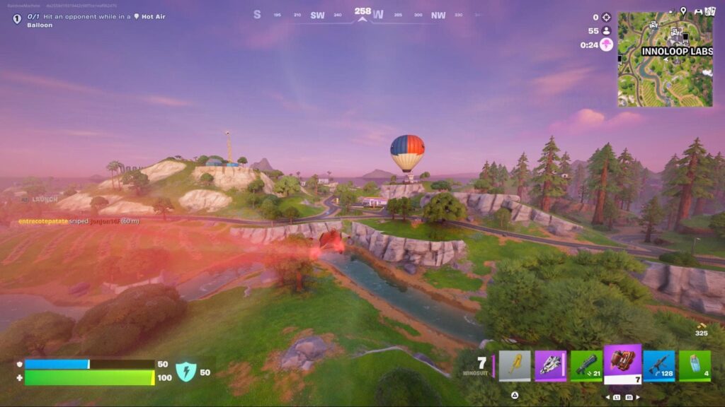 Player gliding toward a hot air balloon while exploring the Fortnite map