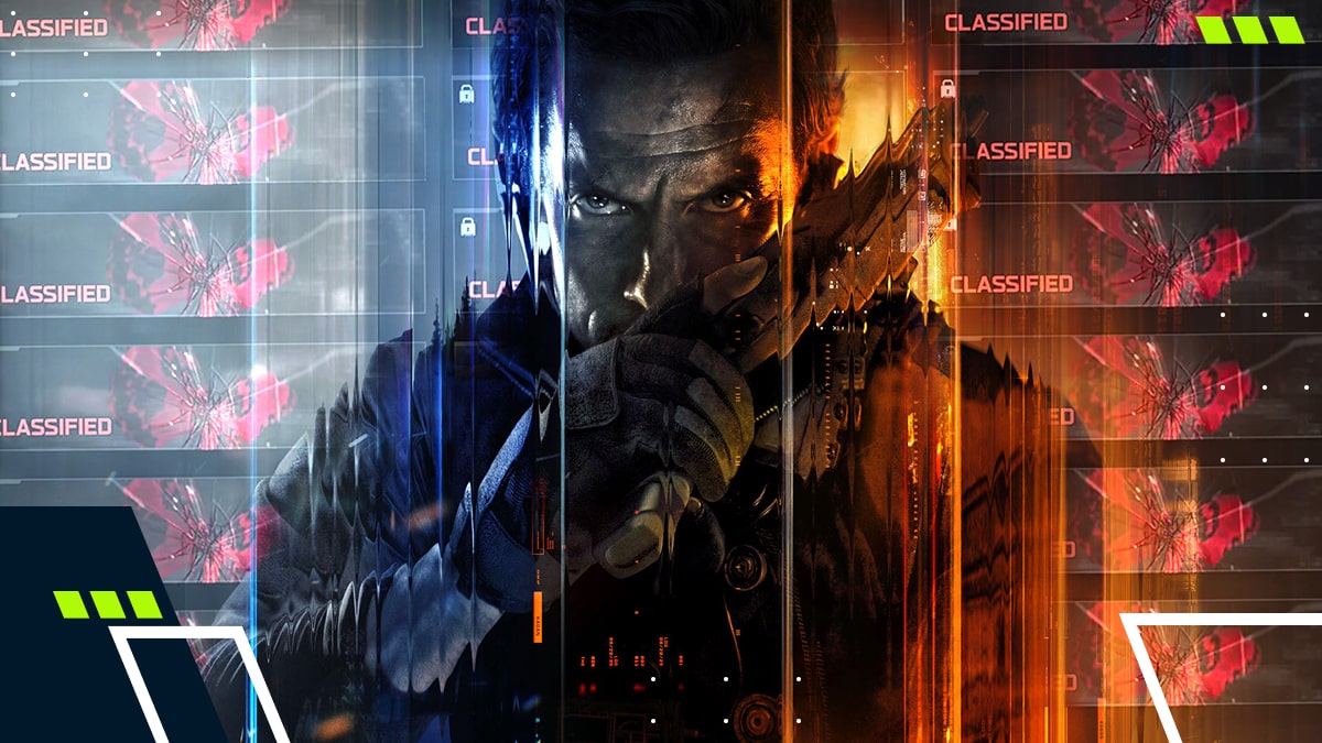 A soldier’s portrait appears over a distorted wall of classified cards in Black Ops 7