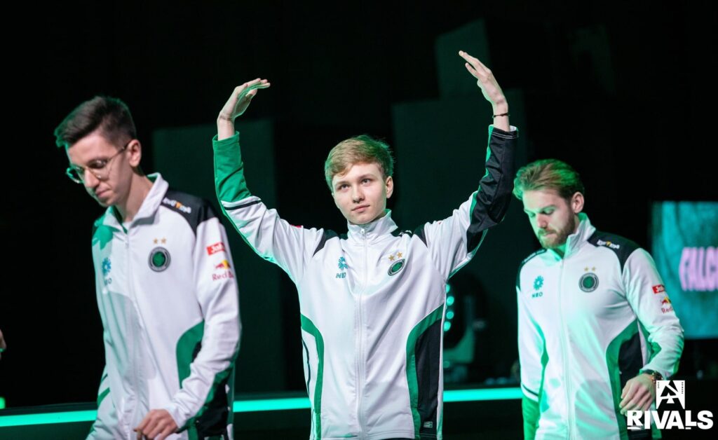 m0NESY on stage during a Counter-Strike 2 tournament with Team Falcons
