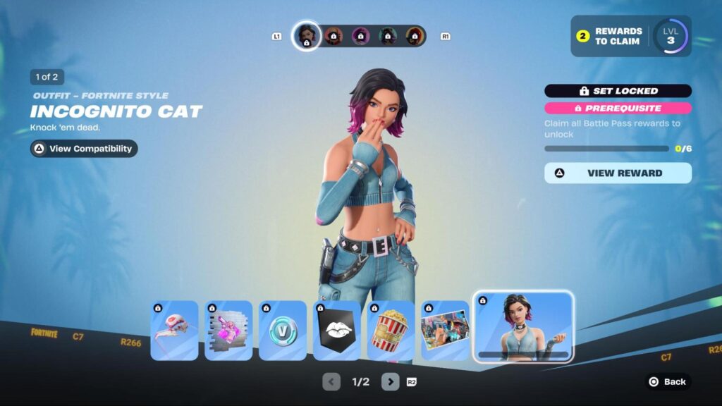 Incognito Cat outfit preview displayed in the Fortnite battle pass menu