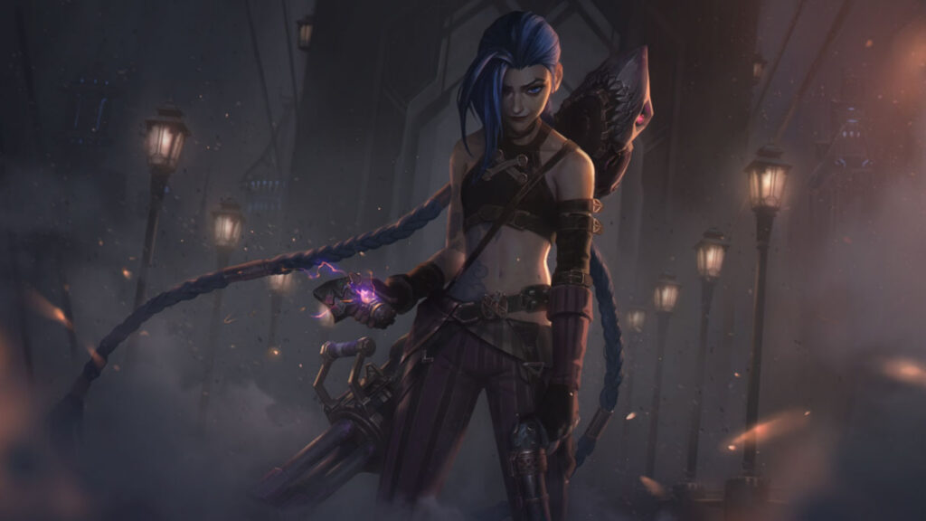 Jinx holding a charged gadget in a smoky scene from League of Legends