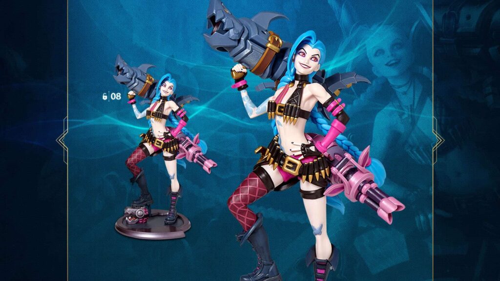 Jinx collectible statue inspired by the League of Legends champion holding her signature weapons