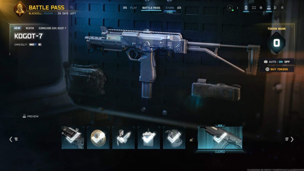 The KOGOT-7 submachine gun displayed in the Call of Duty battle pass interface