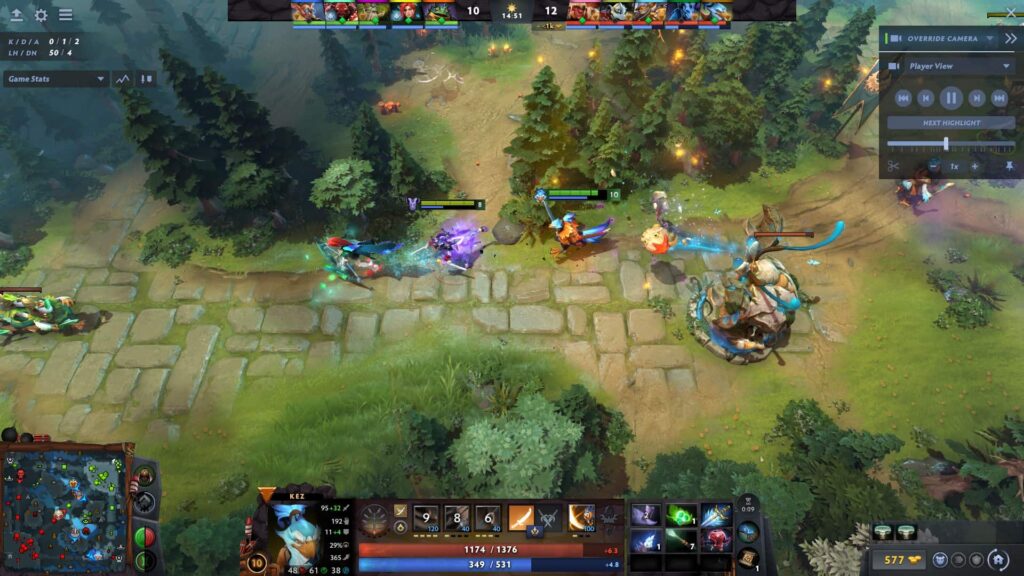 Kez fighting near a lane tower during a Dota 2 Patch 7.40 early-game skirmish