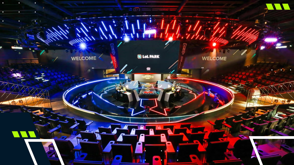 The illuminated stage of LoL Park prepared for a live League of Legends event
