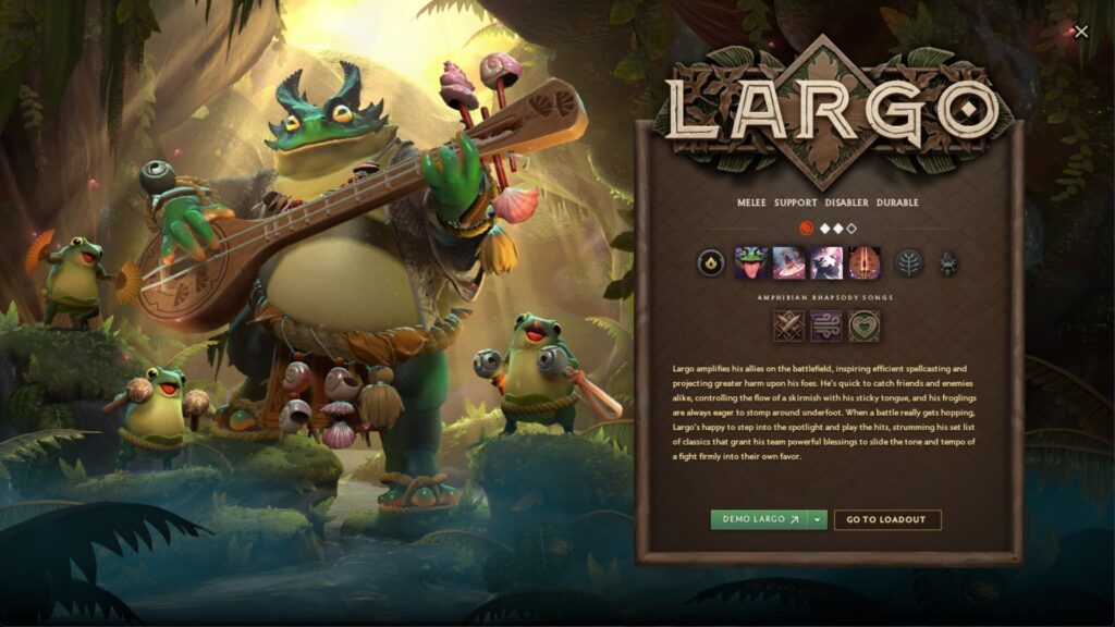 The new Dota 2 hero Largo showcased on his reveal screen, playing music to empower allies