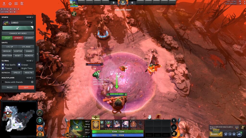 Largo casting abilities during a Dota 2 demo match to control enemies and support allies