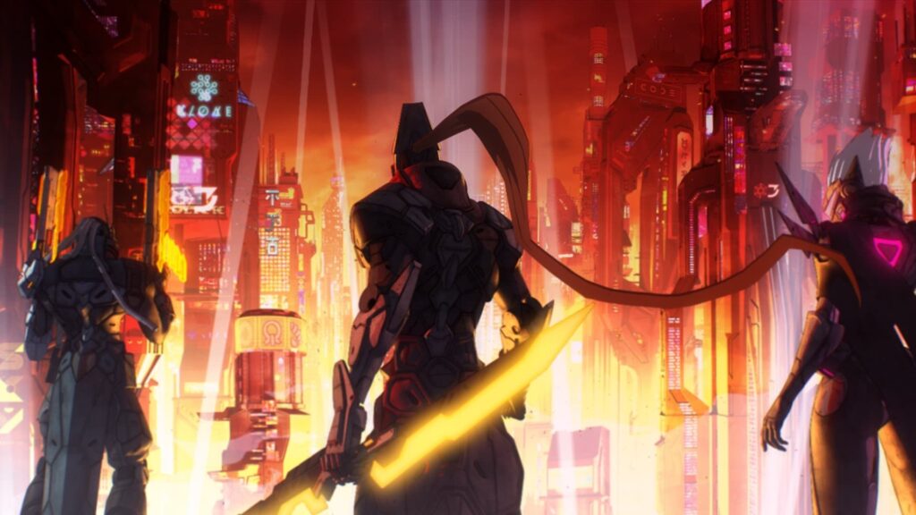 Three armored fighters overlook a glowing cyberpunk city in League of Legends 2