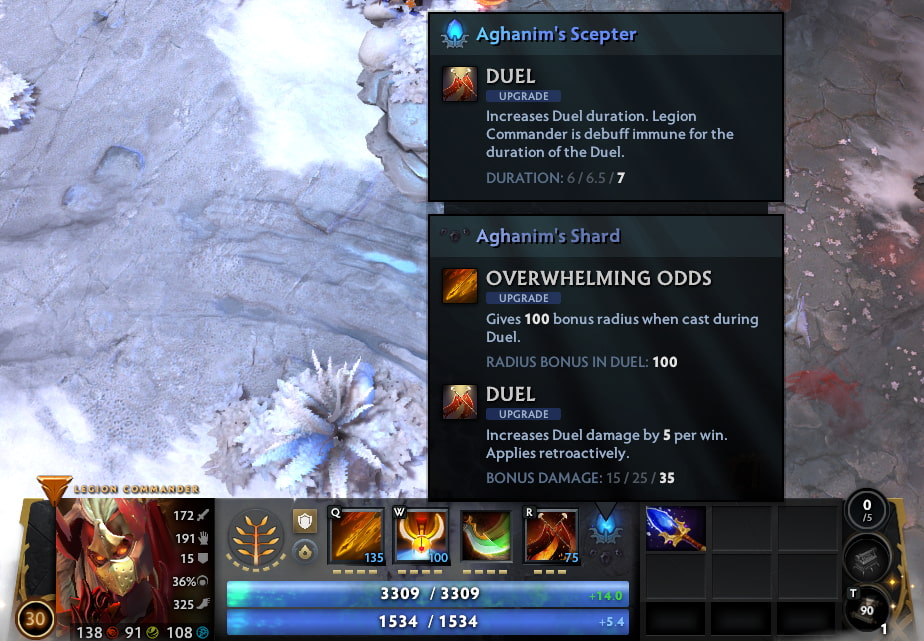 A Dota 2 screenshot highlighting Legion Commander’s Aghanim’s Scepter upgrade that enhances Duel with debuff immunity