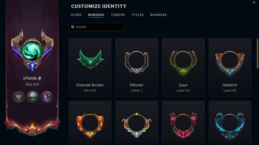 League of Legends client showing the border selection menu with unlocked level borders