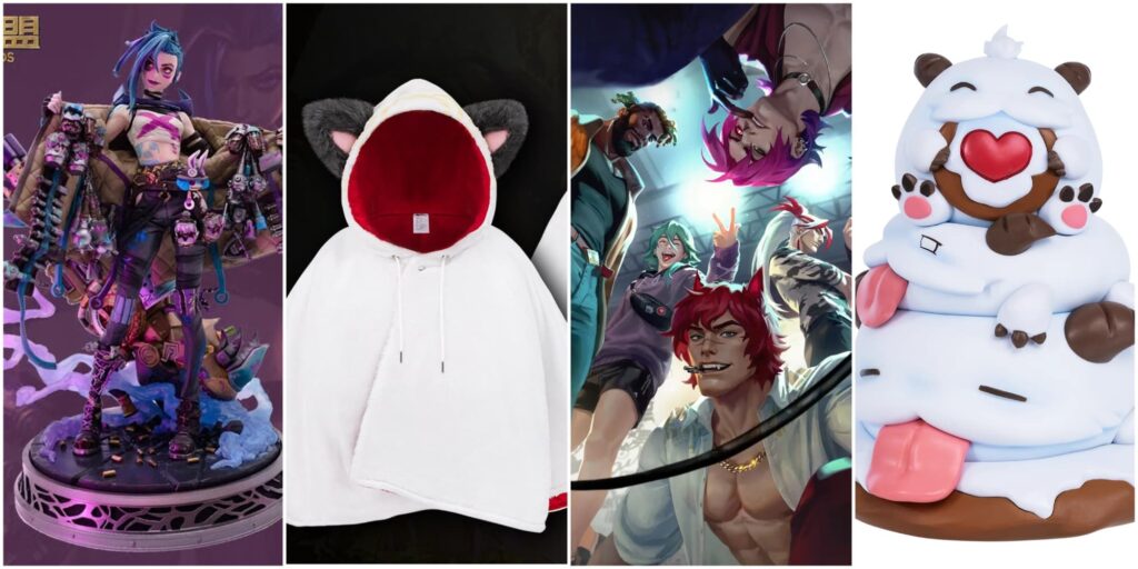 League of Legends merchandise featuring a Jinx statue, themed apparel, Arcane artwork, and a Poro collectible figure