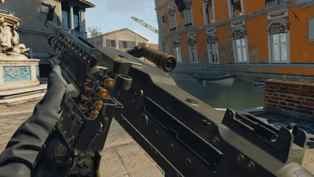 Inspecting the MK.78 light machine gun during gameplay in Call of Duty: Black Ops 7