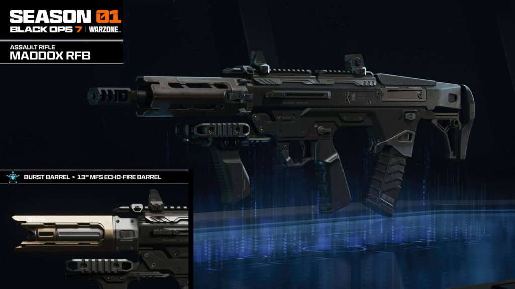 The Maddox RFB assault rifle displayed in Call of Duty: Black Ops 7 with Season 1 branding