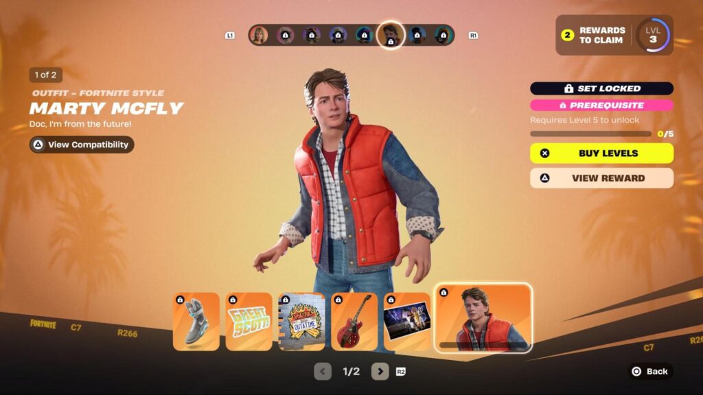 Marty McFly skin preview displayed in the Fortnite Chapter 7 battle pass menu