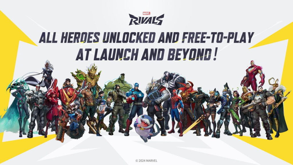 Promotional Marvel Rivals banner featuring the full hero roster with the text “All Heroes Unlocked and Free-to-Play.”