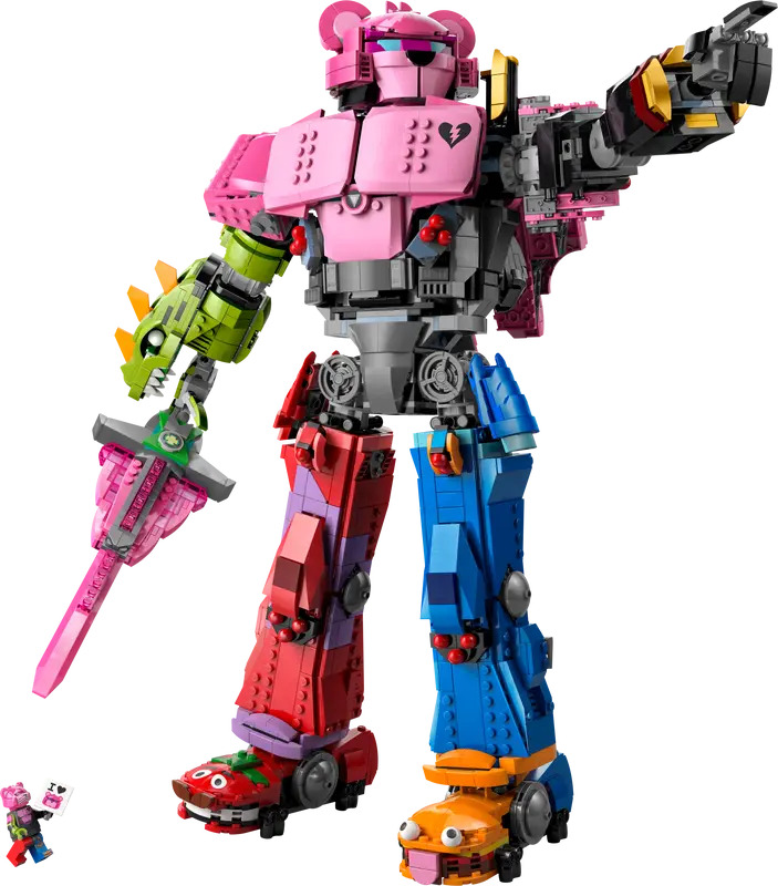 A colorful Mecha Team Leader LEGO build inspired by Fortnite stands fully assembled as a collectible display model