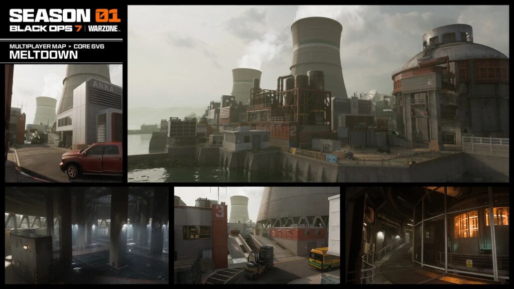 Industrial power-plant battleground from the Meltdown multiplayer map in Call of Duty: Black Ops 7