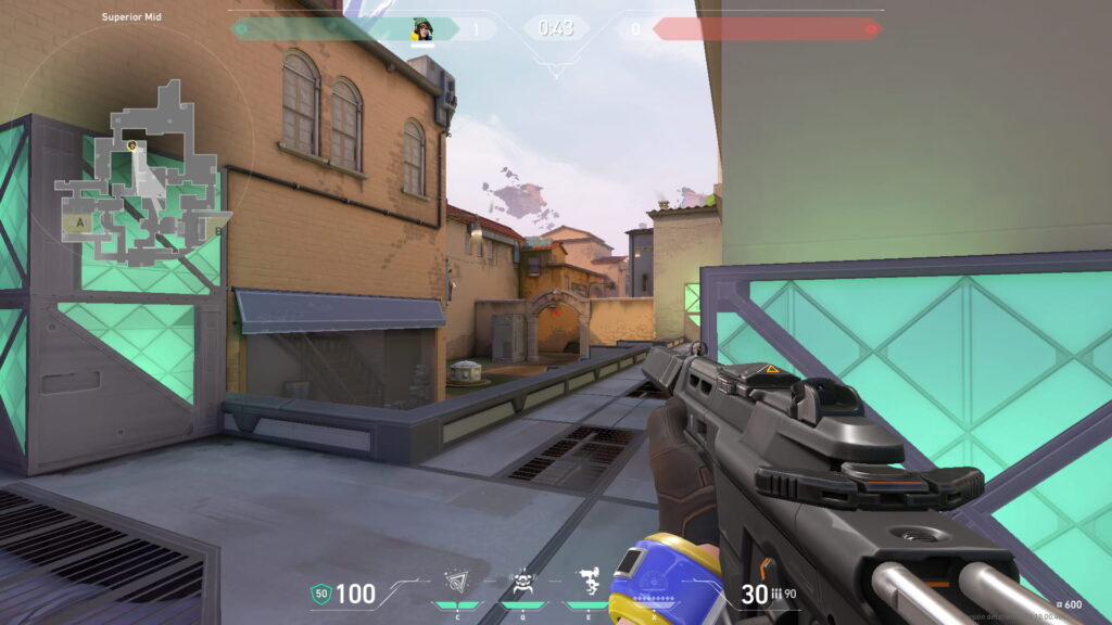 Player holding Mid on the Ascent map in VALORANT, aiming down a long sightline near Catwalk and Market