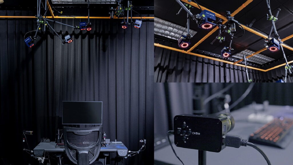 ZOWIE’s esports performance testing setup featuring overhead motion-capture cameras and a controlled player station used to analyze in-game movement and fatigue under lab conditions