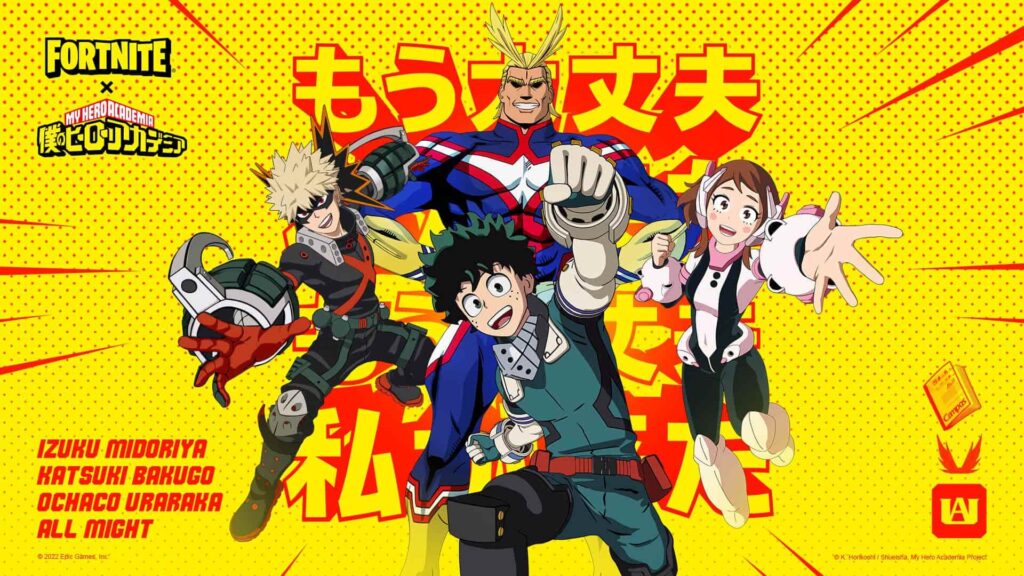 My Hero Academia characters appear as anime crossover skins in Fortnite