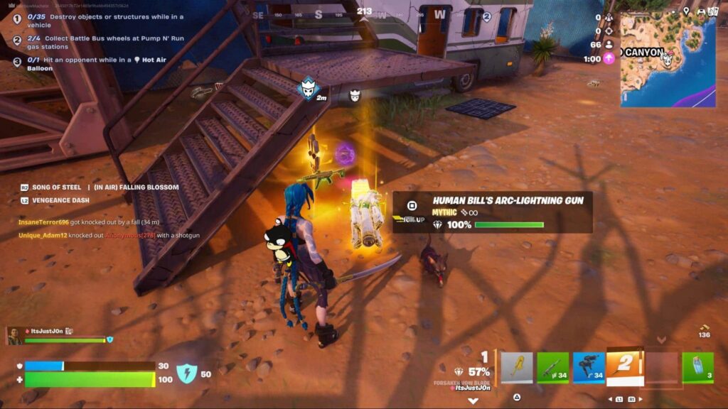 Player picking up Human Bill’s Arc-Lightning Gun during a Fortnite match