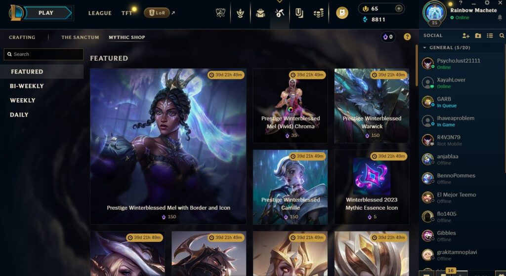 League of Legends Mythic Shop interface showing Prestige skins rotation, Mythic Essence prices, and limited-time cosmetic availability