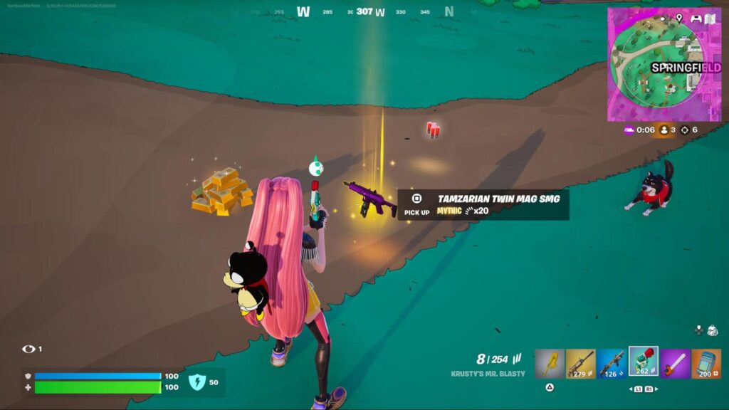 Player approaching a Tamzarian Twin Mag SMG dropped on the ground during a Fortnite match