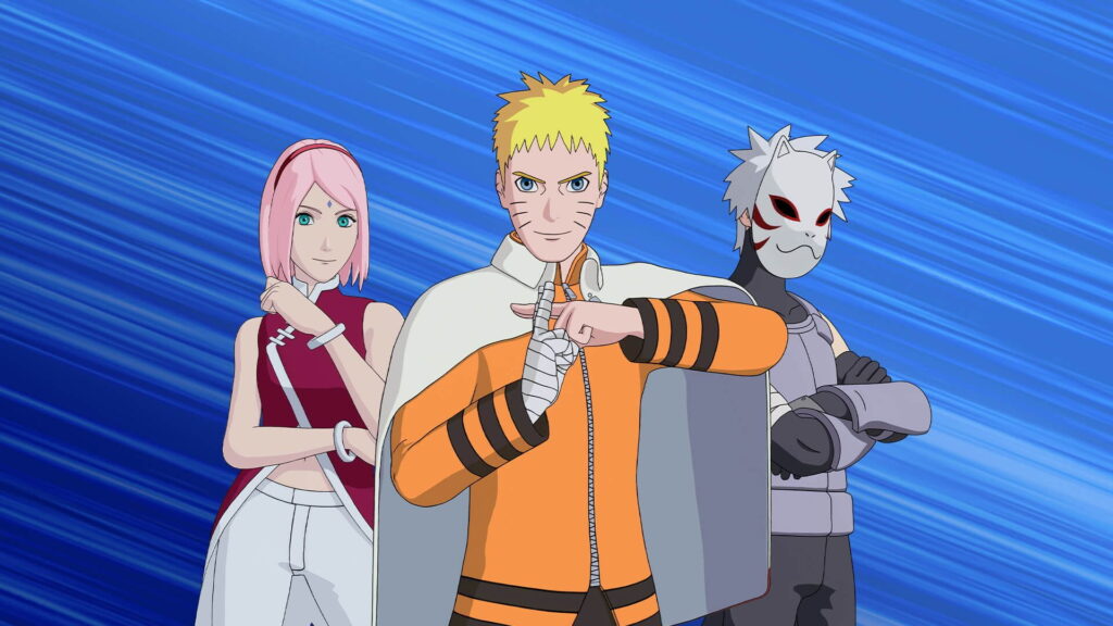 Naruto, Sakura, and Kakashi appear as iconic anime crossover skins in Fortnite