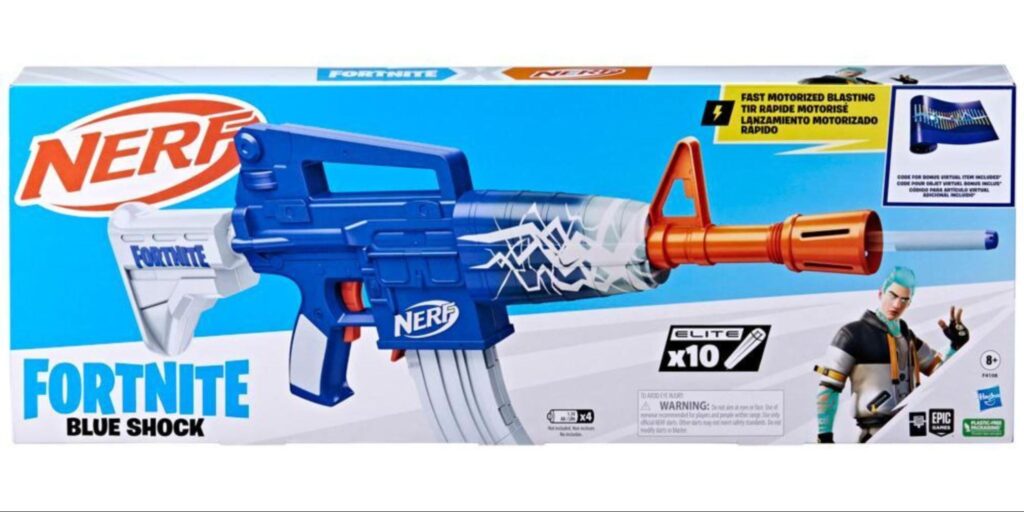 The Fortnite Nerf Blue Shock blaster is shown in its retail box as a themed toy weapon for Fortnite fans