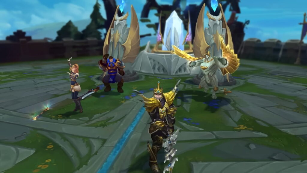 League of Legends champions standing in front of the Nexus on Summoner’s Rift