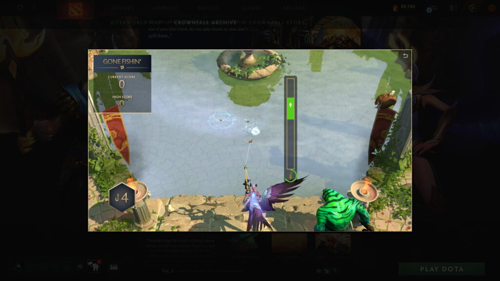 Gone Fishin' minigame in Dota 2 where a hero reels in fish using timing-based fishing mechanics