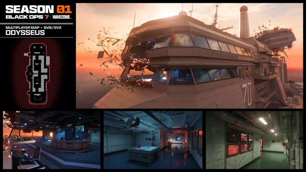 Exploded command deck on the Odysseus multiplayer map in Call of Duty: Black Ops 7